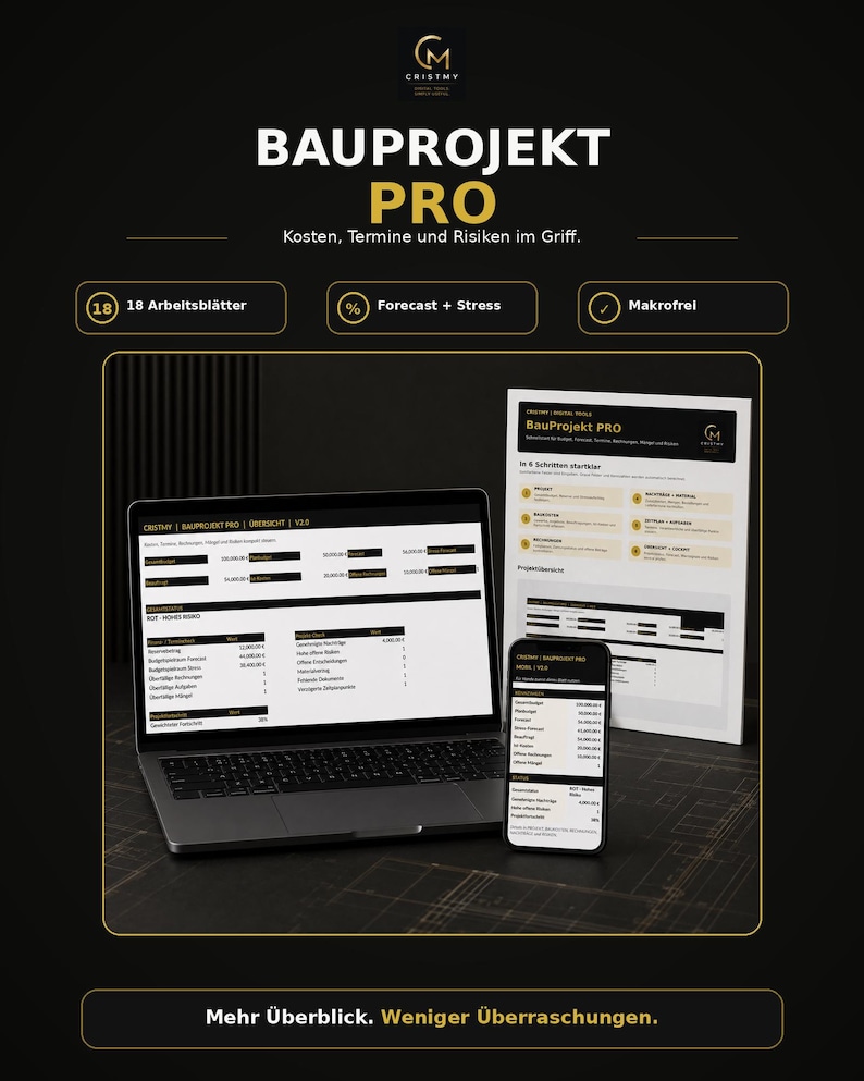 CRISTMY BauProjekt PRO mit echten Ansichten von Cockpit, Mobilansicht und Schnellstart