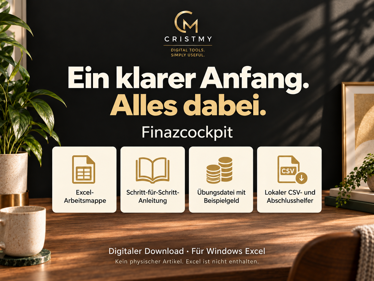 Lieferumfang des Finazcockpit mit Arbeitsmappe, Anleitung und Importwerkzeug